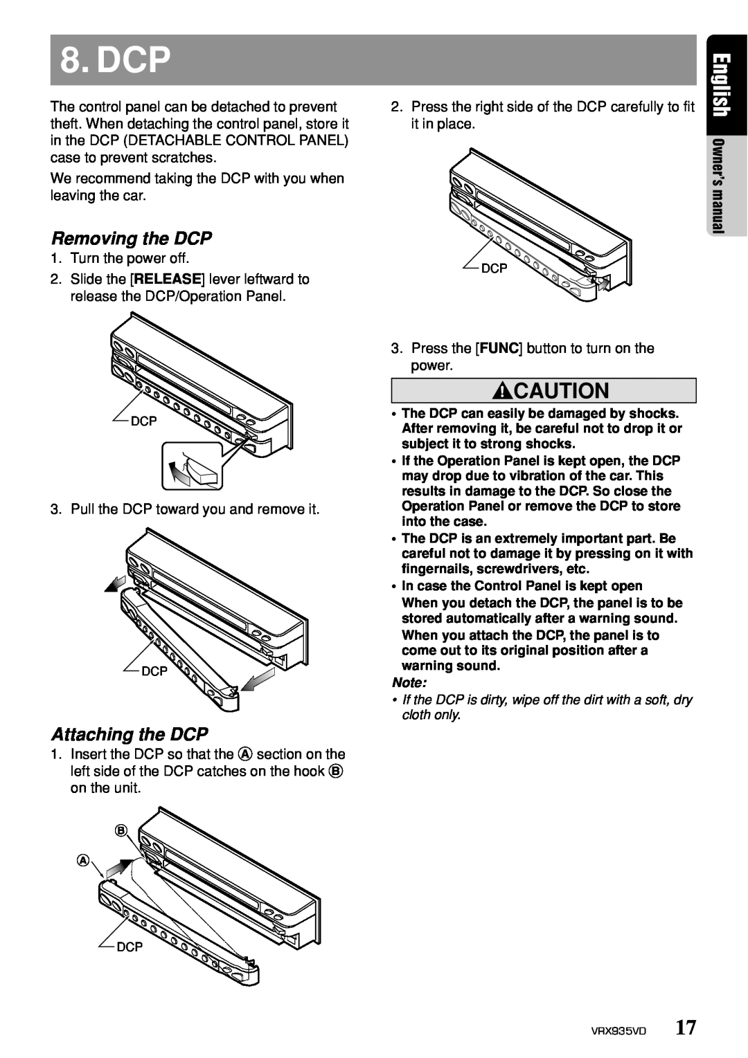 Clarion VRX935VD owner manual Dcp, Removing the DCP, Attaching the DCP, English, Owner’smanual 