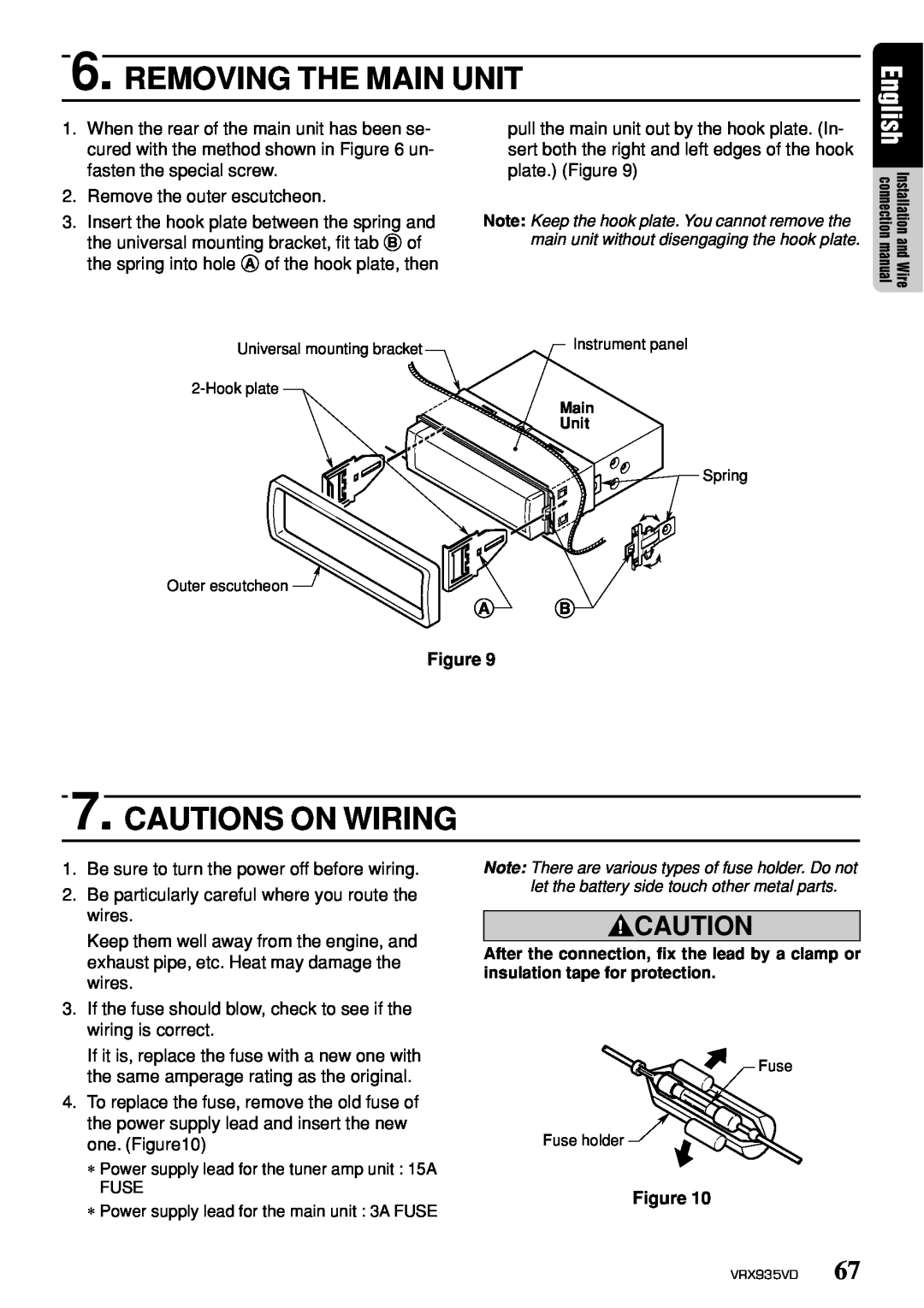 Clarion VRX935VD owner manual Removing The Main Unit, Cautions On Wiring 