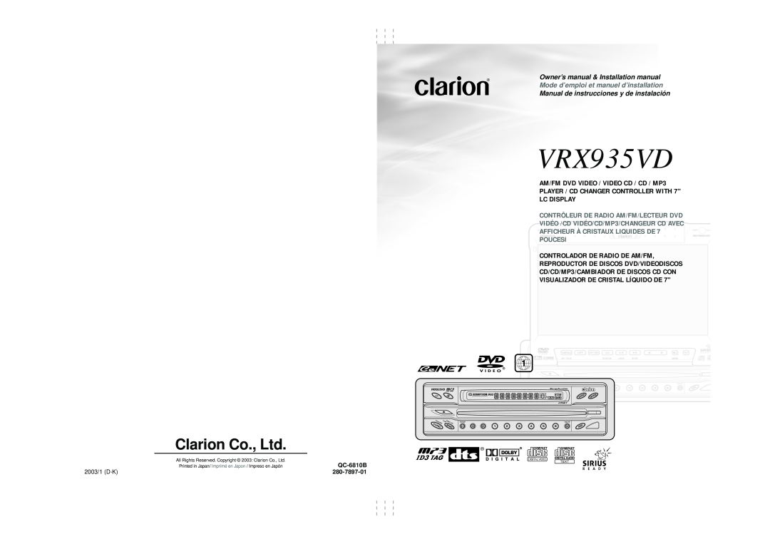Clarion VRX935VD owner manual AM/FM DVD VIDEO / VIDEO CD / CD / MP3, PLAYER / CD CHANGER CONTROLLER WITH 7 LC DISPLAY 