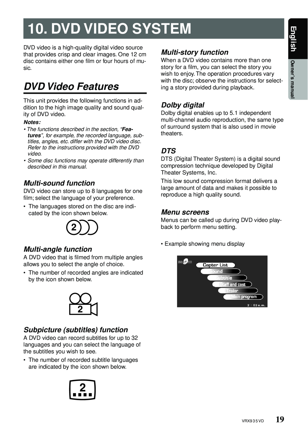 Clarion VRX935VD Dvd Video System, DVD Video Features, Multi-sound function, Multi-angle function, Multi-story function 