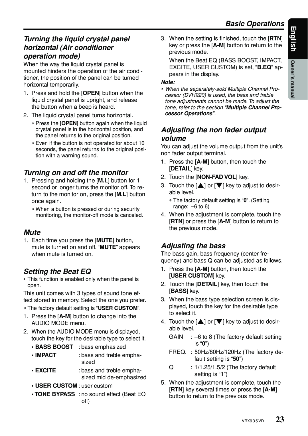 Clarion VRX935VD Turning on and off the monitor, Mute, Setting the Beat EQ, Adjusting the non fader output volume, English 