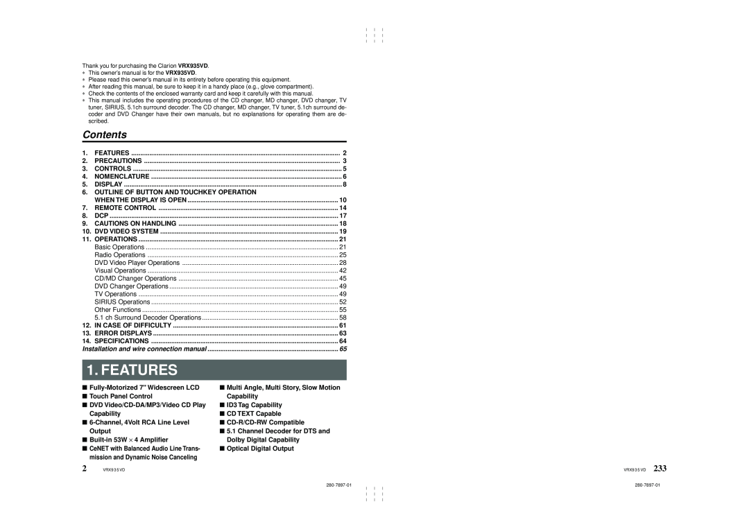 Clarion VRX935VD owner manual Features, Contents 