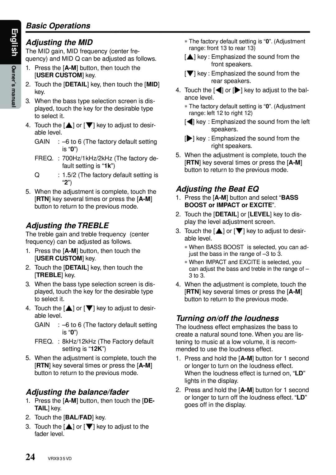 Clarion VRX935VD Adjusting the MID, Adjusting the TREBLE, Adjusting the balance/fader, Adjusting the Beat EQ, English 