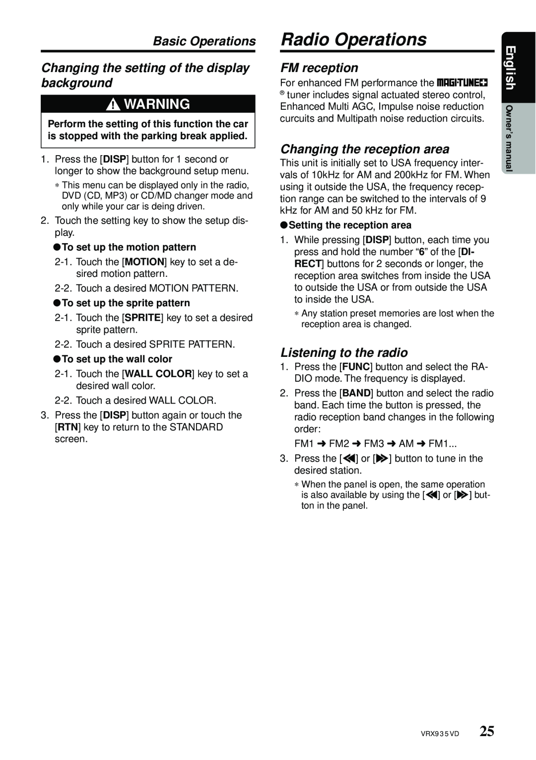 Clarion VRX935VD Radio Operations, Basic Operations Changing the setting of the display background, FM reception, English 