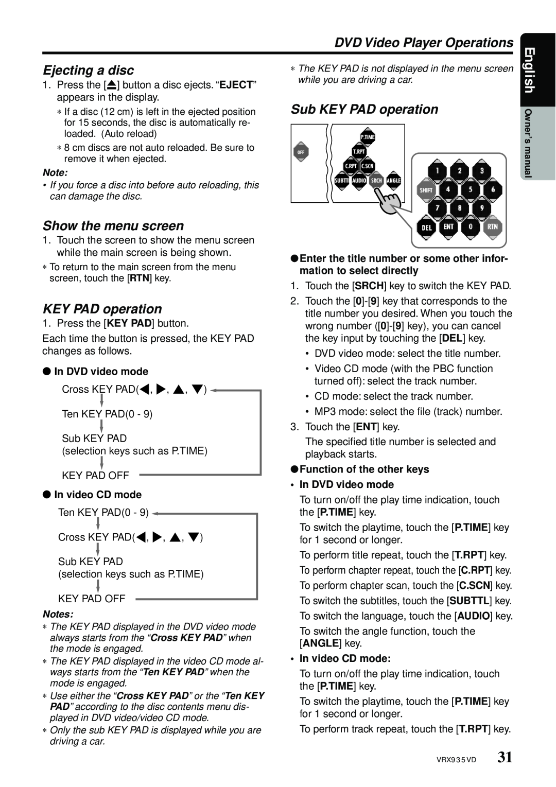 Clarion VRX935VD Ejecting a disc, Show the menu screen, Sub KEY PAD operation, English, DVD Video Player Operations 