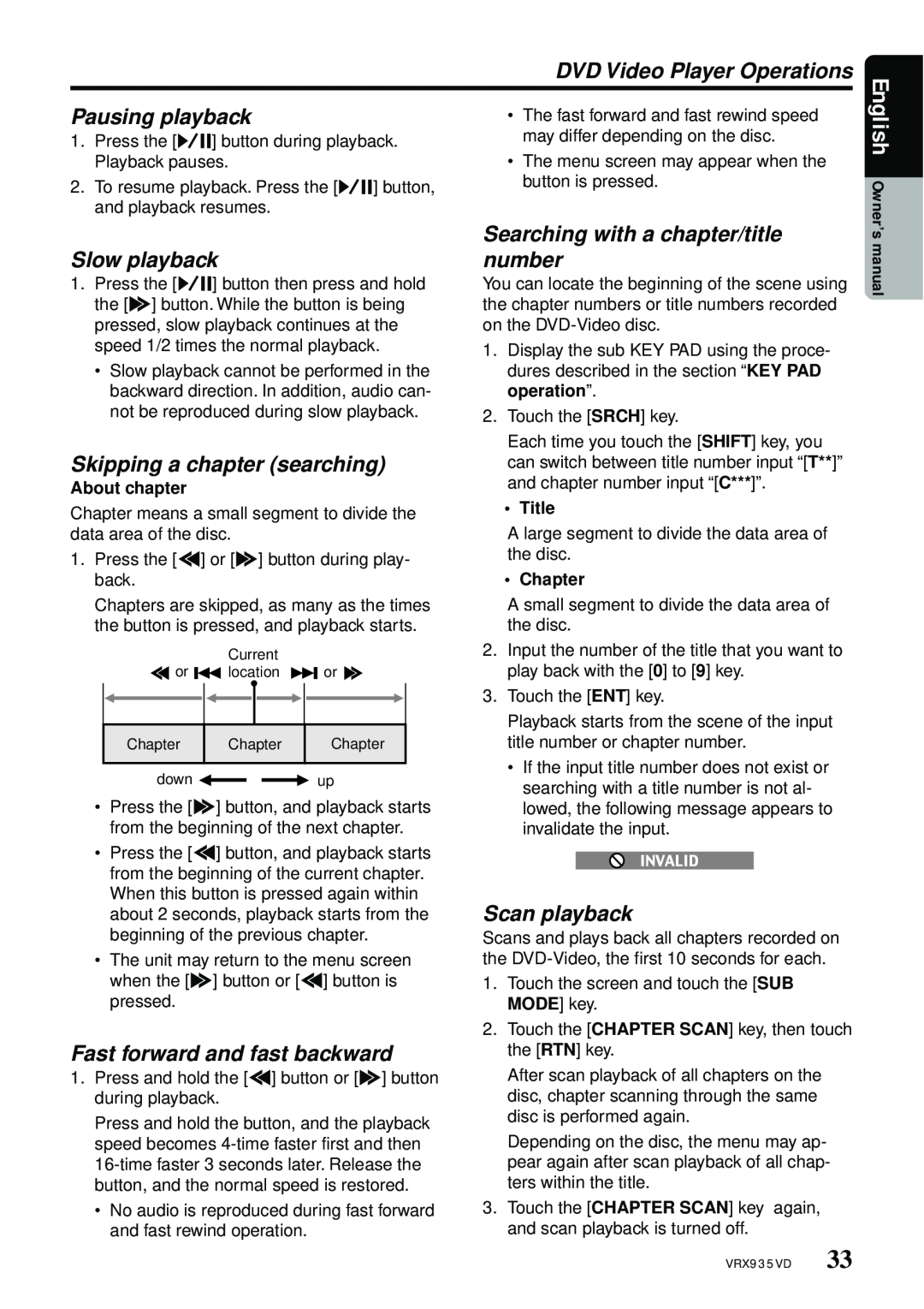 Clarion VRX935VD Pausing playback, Slow playback, Skipping a chapter searching, Fast forward and fast backward, English 