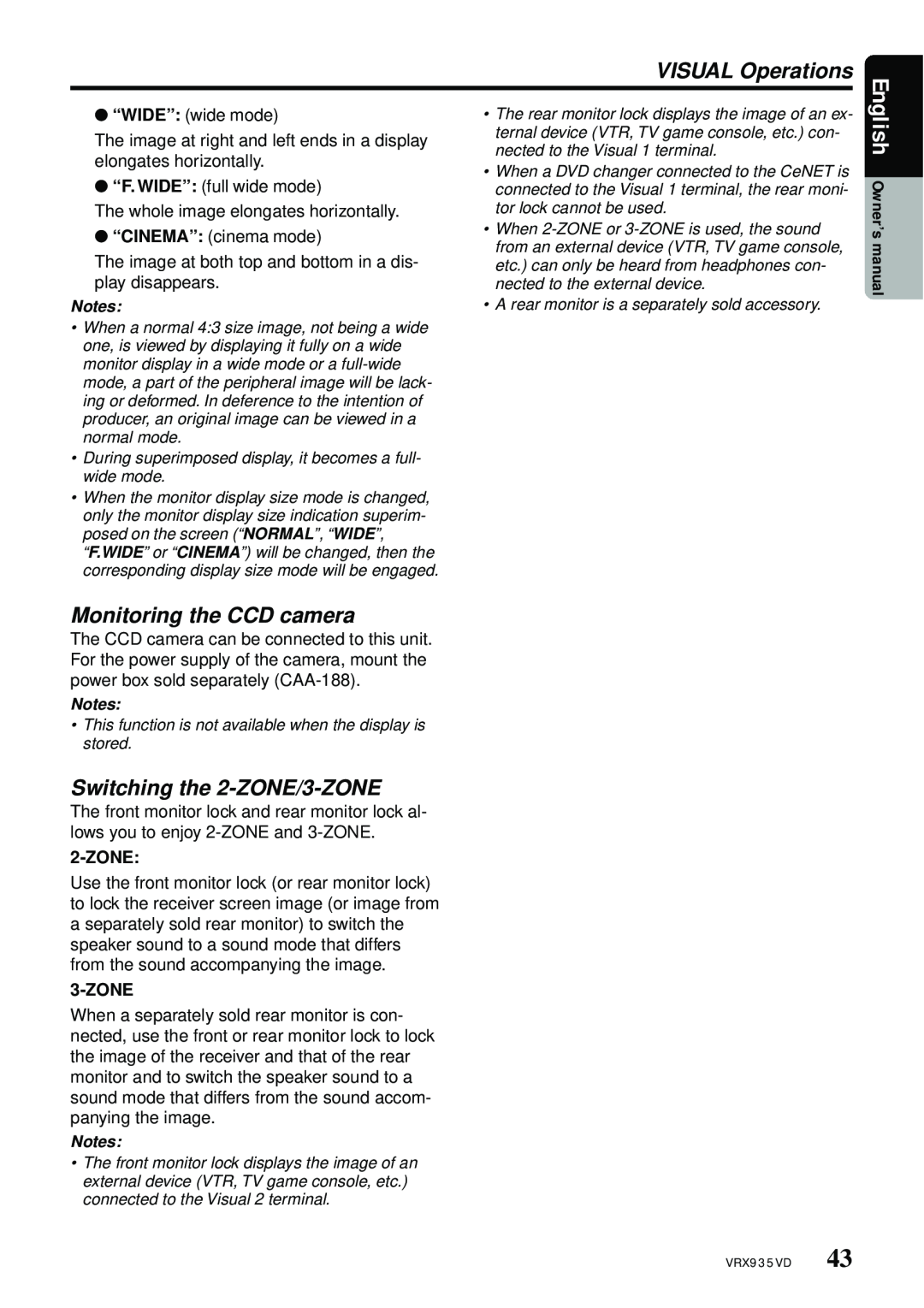 Clarion VRX935VD owner manual VISUAL Operations, Monitoring the CCD camera, Switching the 2-ZONE/3-ZONE, English, Zone 