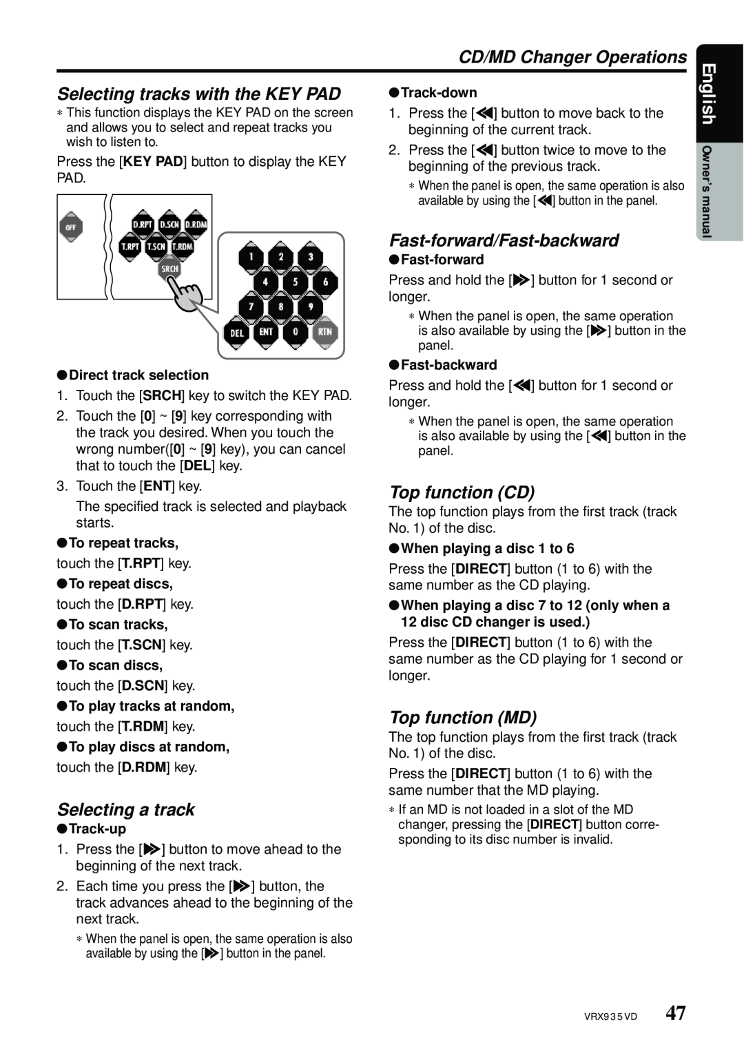 Clarion VRX935VD Selecting tracks with the KEY PAD, Fast-forward/Fast-backward, Selecting a track, Top function CD 