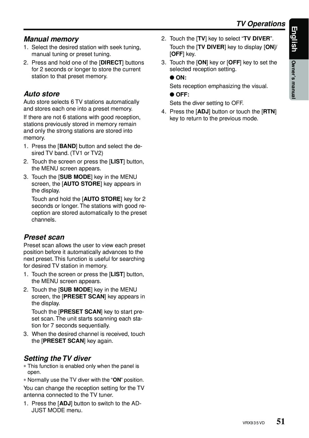 Clarion VRX935VD owner manual Setting the TV diver, TV Operations, Manual memory, Auto store, Preset scan 