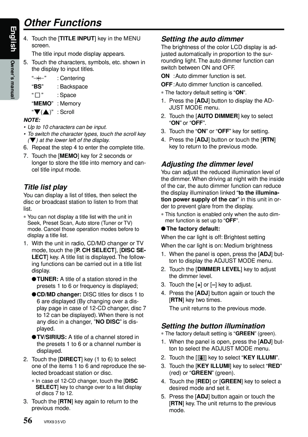 Clarion VRX935VD Title list play, Setting the auto dimmer, Adjusting the dimmer level, Setting the button illumination 