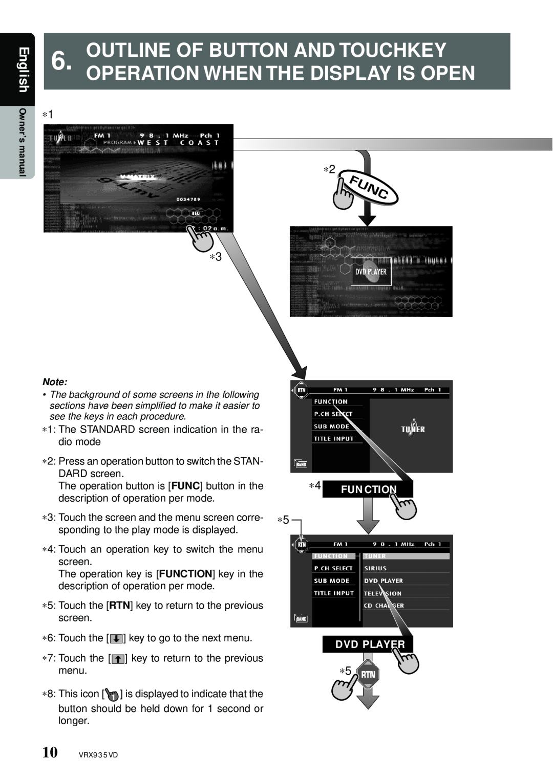 Clarion VRX935VD Outline Of Button And Touchkey Operation When The Display Is Open, English, Function Dvd Player 