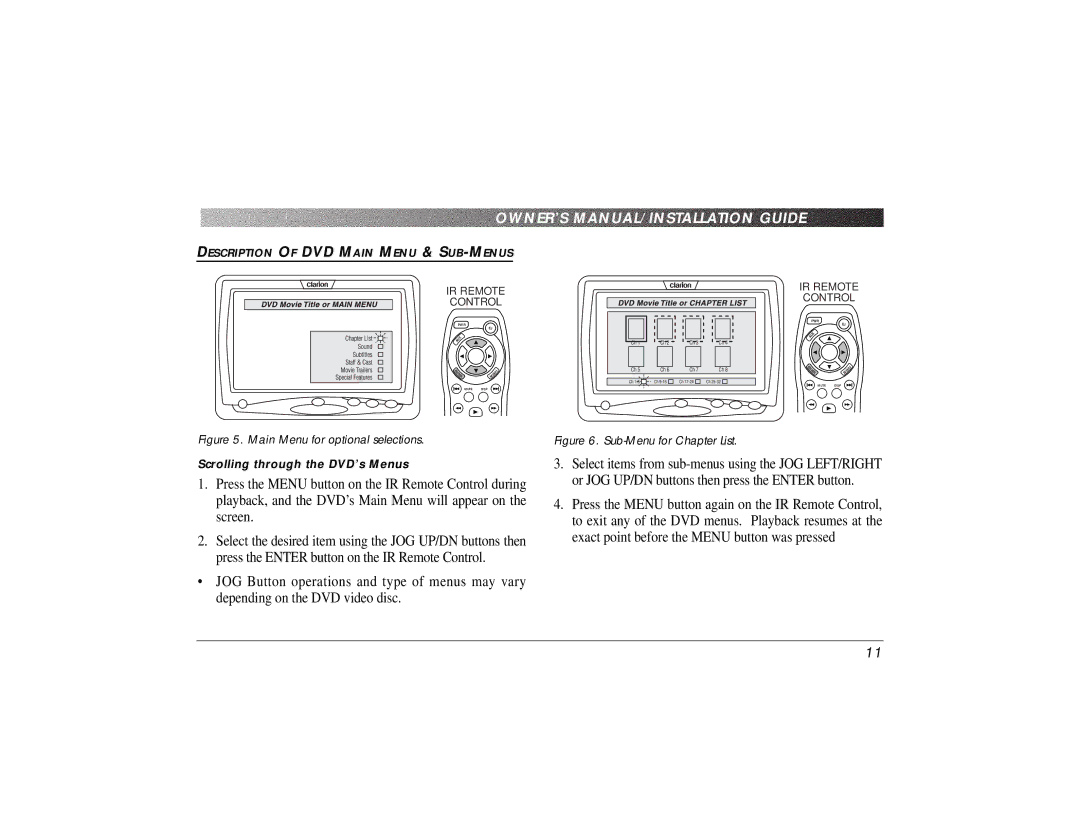 Clarion VS715 owner manual Main Menu for optional selections 