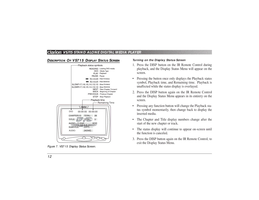 Clarion owner manual VS715 Display Status Screen 