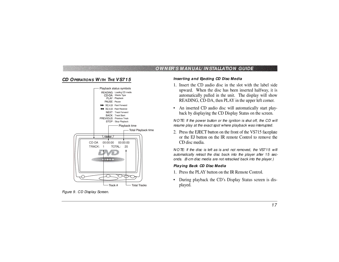 Clarion VS715 owner manual CD Display Screen 