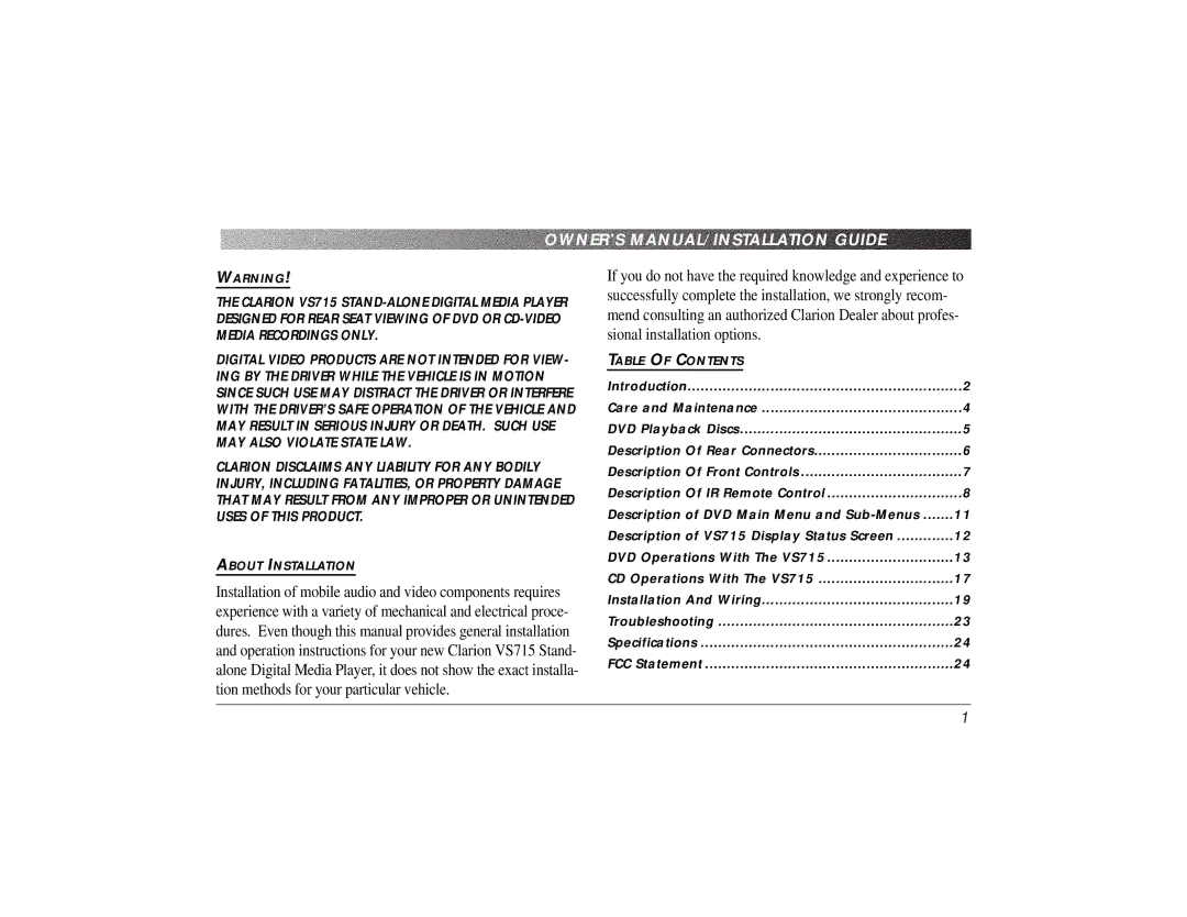 Clarion VS715 owner manual About Installation 