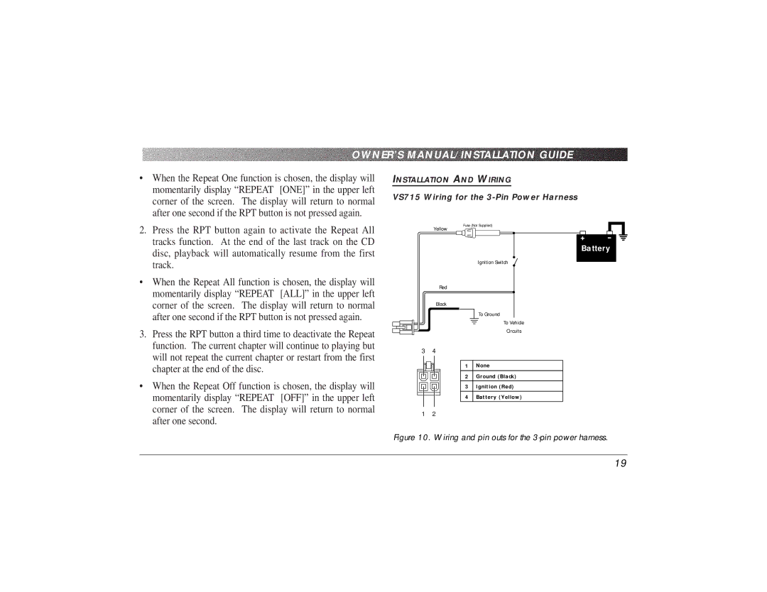 Clarion VS715 owner manual Wiring and pin outs for the 3-pin power harness 