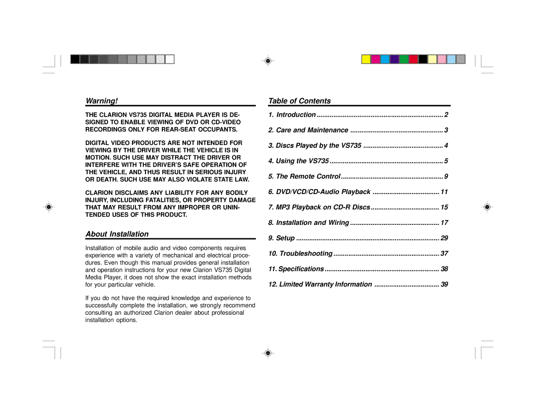 Clarion VS735 specifications About Installation, Table of Contents 