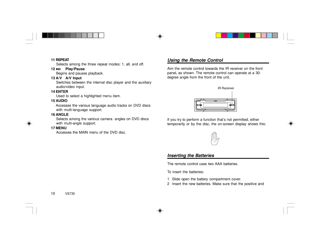 Clarion VS735 specifications Using the Remote Control, Inserting the Batteries 