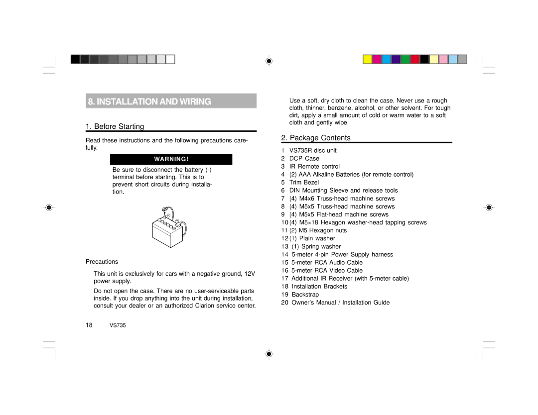 Clarion VS735 specifications Installation and Wiring, Before Starting, Package Contents 