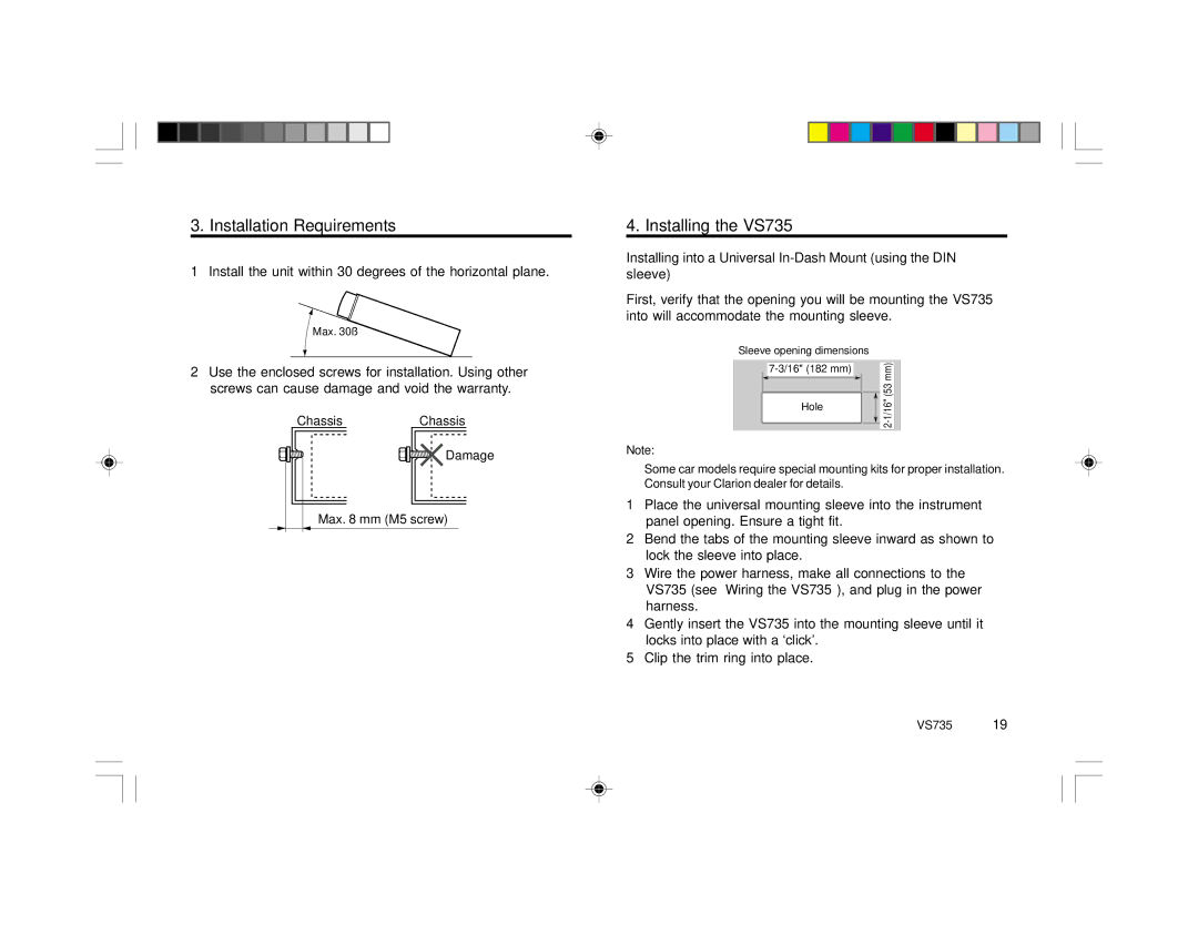 Clarion specifications Installation Requirements, Installing the VS735 