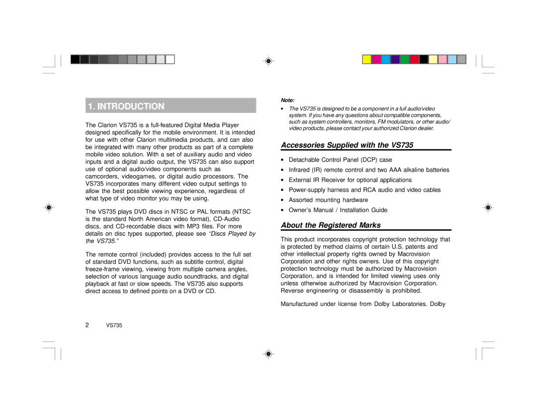 Clarion specifications Introduction, Accessories Supplied with the VS735, About the Registered Marks 