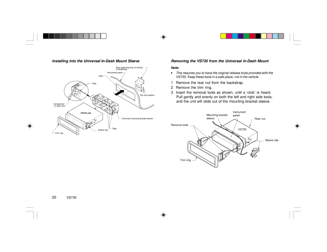 Clarion Installing into the Universal In-Dash Mount Sleeve, Removing the VS735 from the Universal In-Dash Mount 