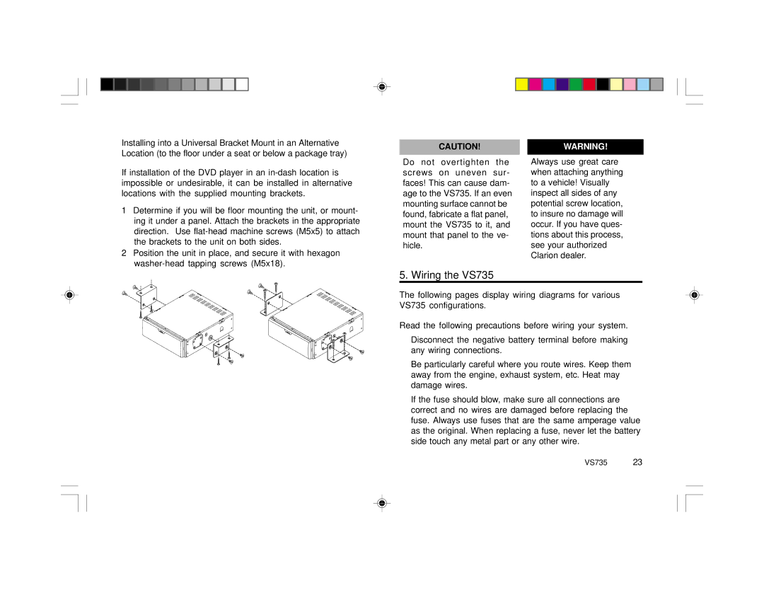 Clarion specifications Wiring the VS735 