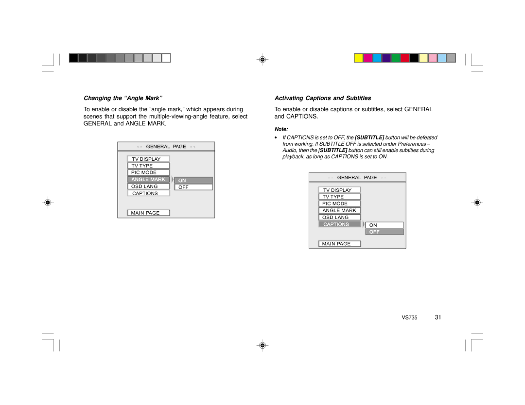 Clarion VS735 specifications Changing the Angle Mark, Activating Captions and Subtitles 