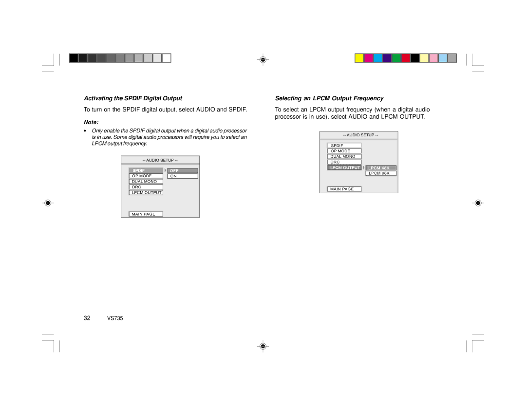 Clarion VS735 specifications Activating the Spdif Digital Output, Selecting an Lpcm Output Frequency 