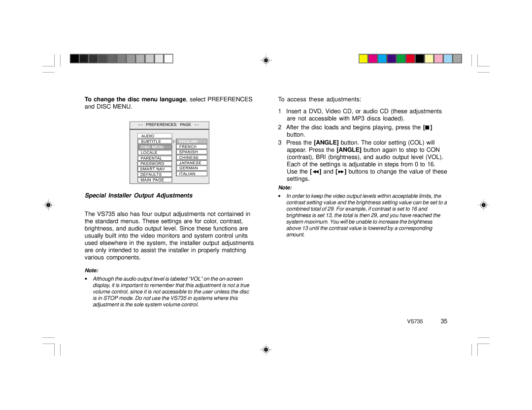 Clarion VS735 specifications Special Installer Output Adjustments 