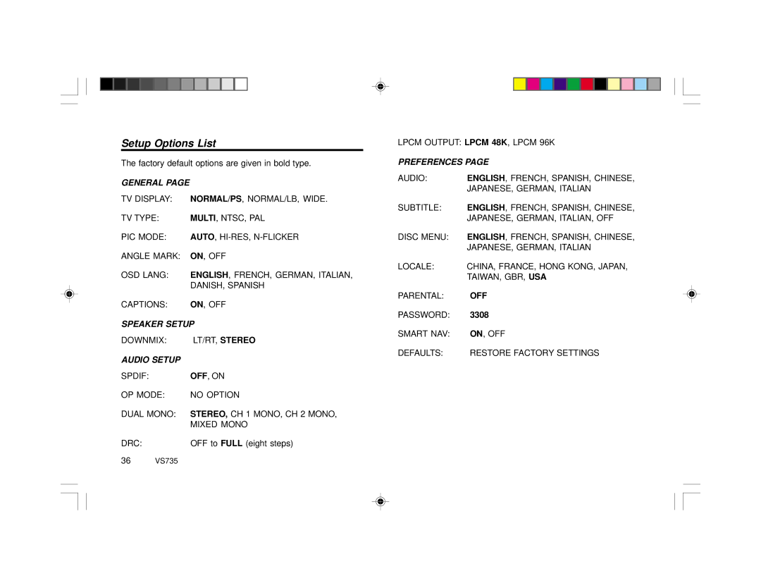 Clarion VS735 specifications Setup Options List, General 