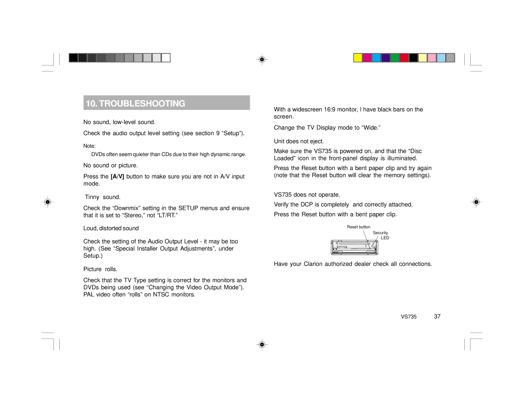 Clarion VS735 specifications Troubleshooting 