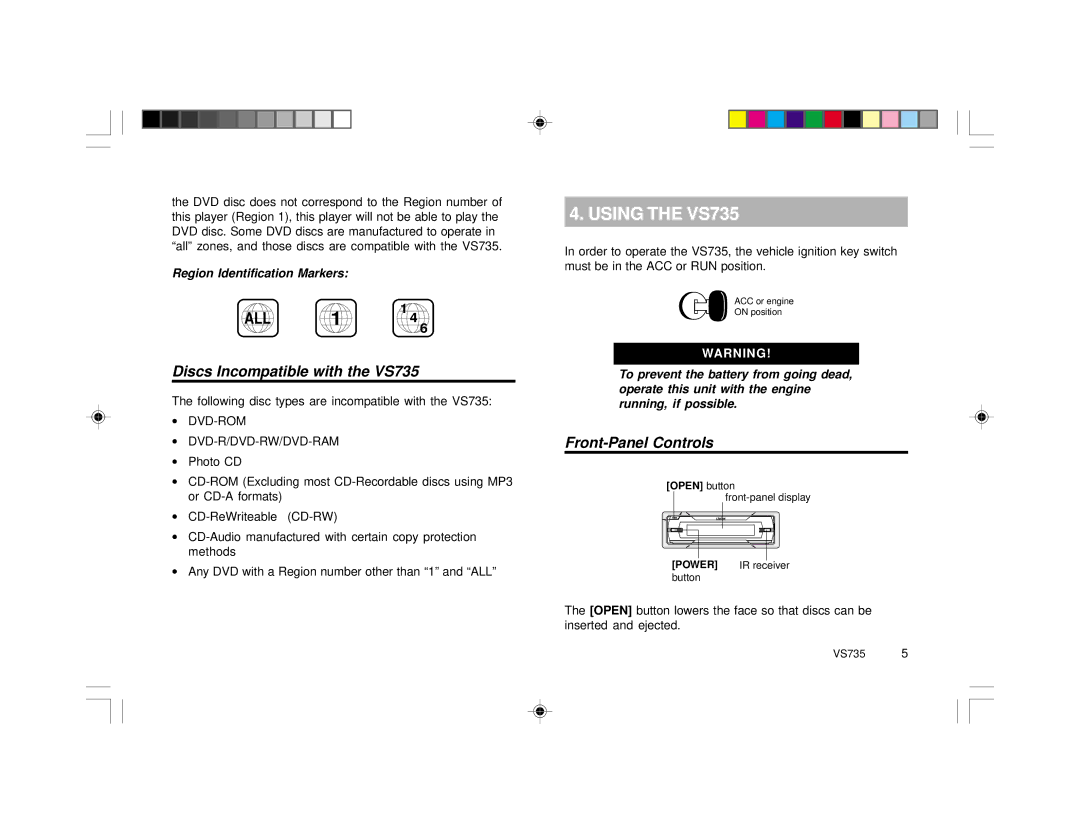 Clarion Using the VS735, Discs Incompatible with the VS735, Front-Panel Controls, Region Identification Markers 