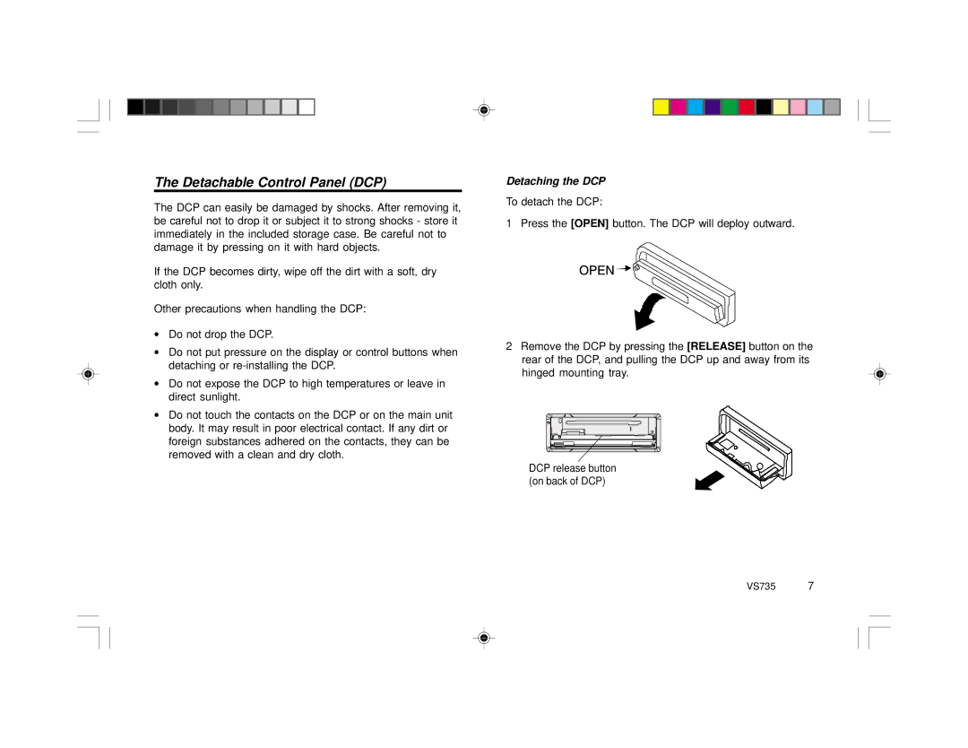 Clarion VS735 specifications Detachable Control Panel DCP, Detaching the DCP 