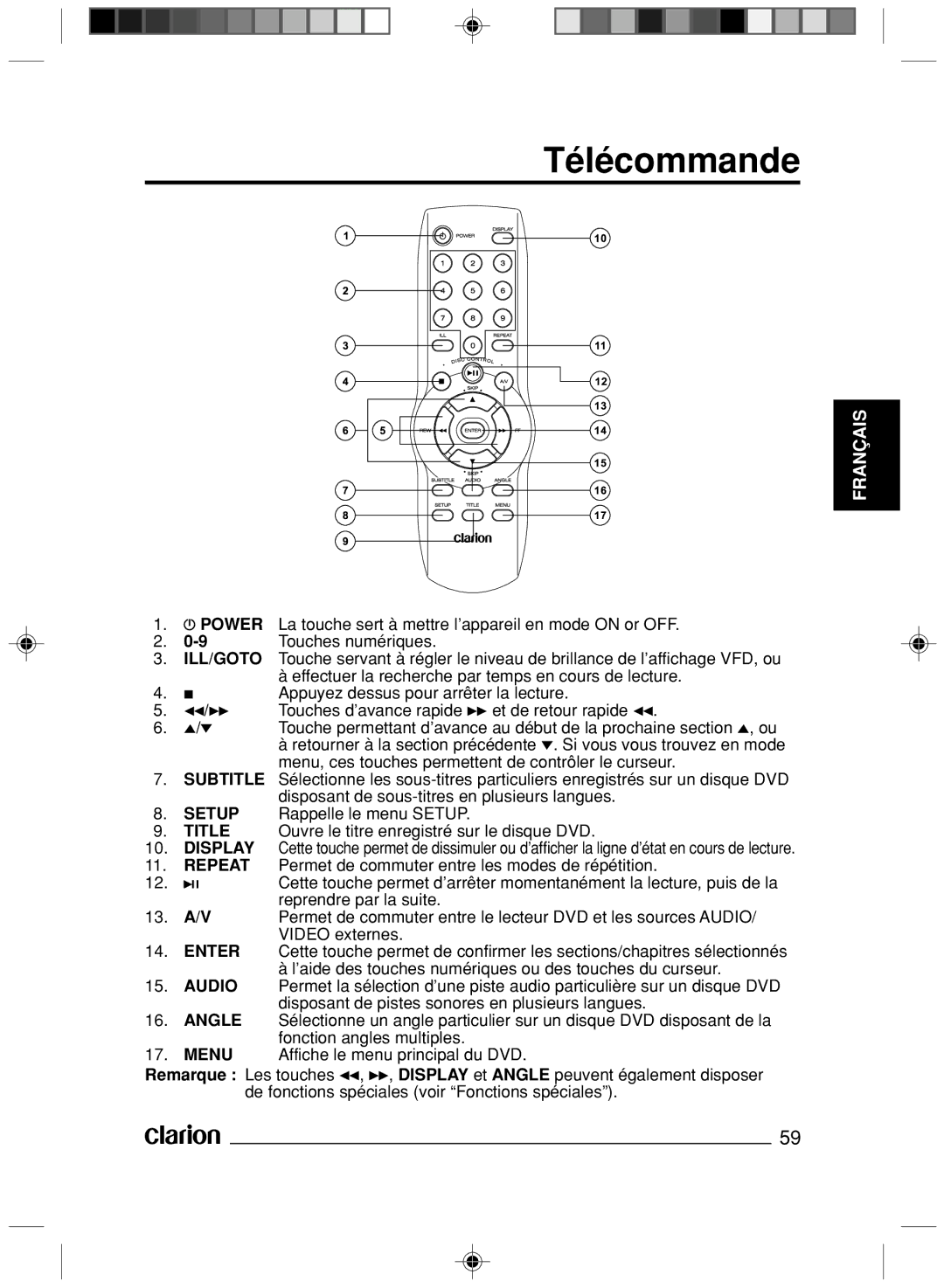 Clarion VS738 owner manual Télécommande, Power 