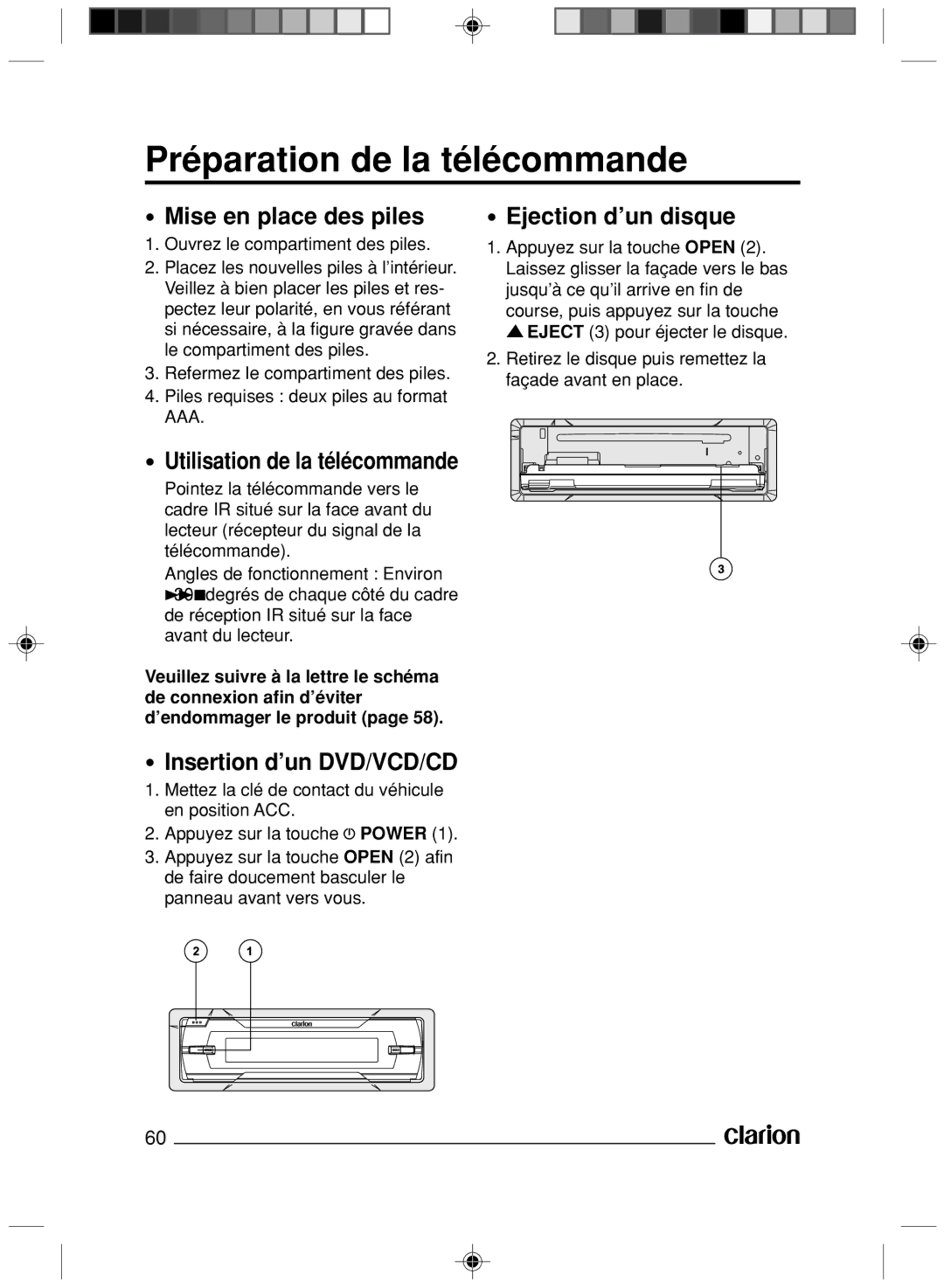 Clarion VS738 Préparation de la télécommande, Mise en place des piles, Insertion d’un DVD/VCD/CD, Ejection d’un disque 