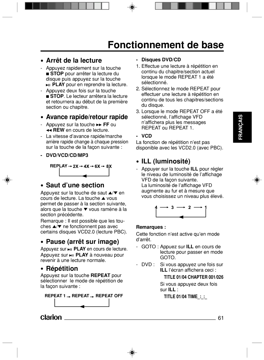 Clarion VS738 owner manual Fonctionnement de base 