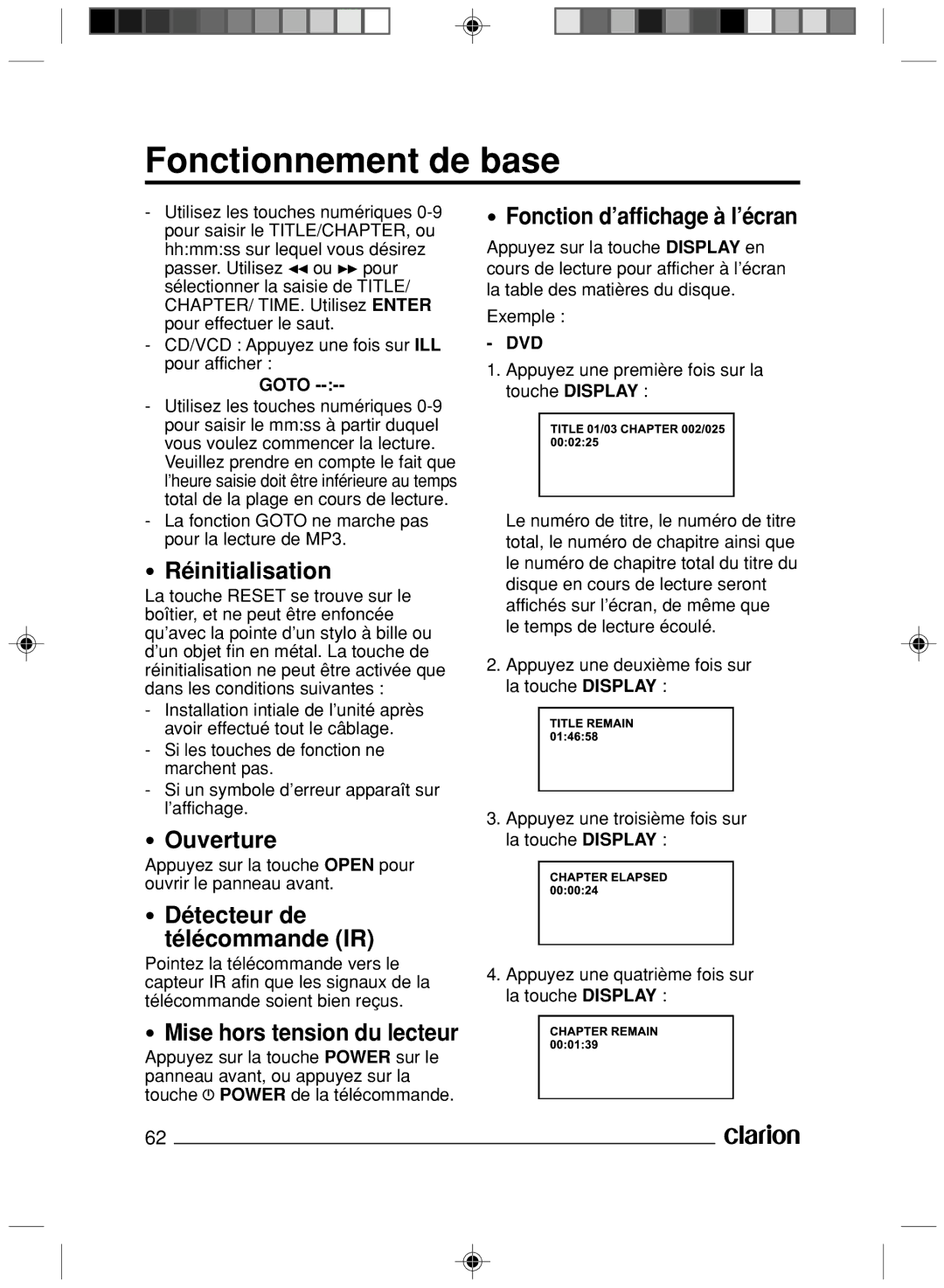 Clarion VS738 owner manual Réinitialisation, Ouverture, Détecteur de Télécommande IR, Mise hors tension du lecteur 