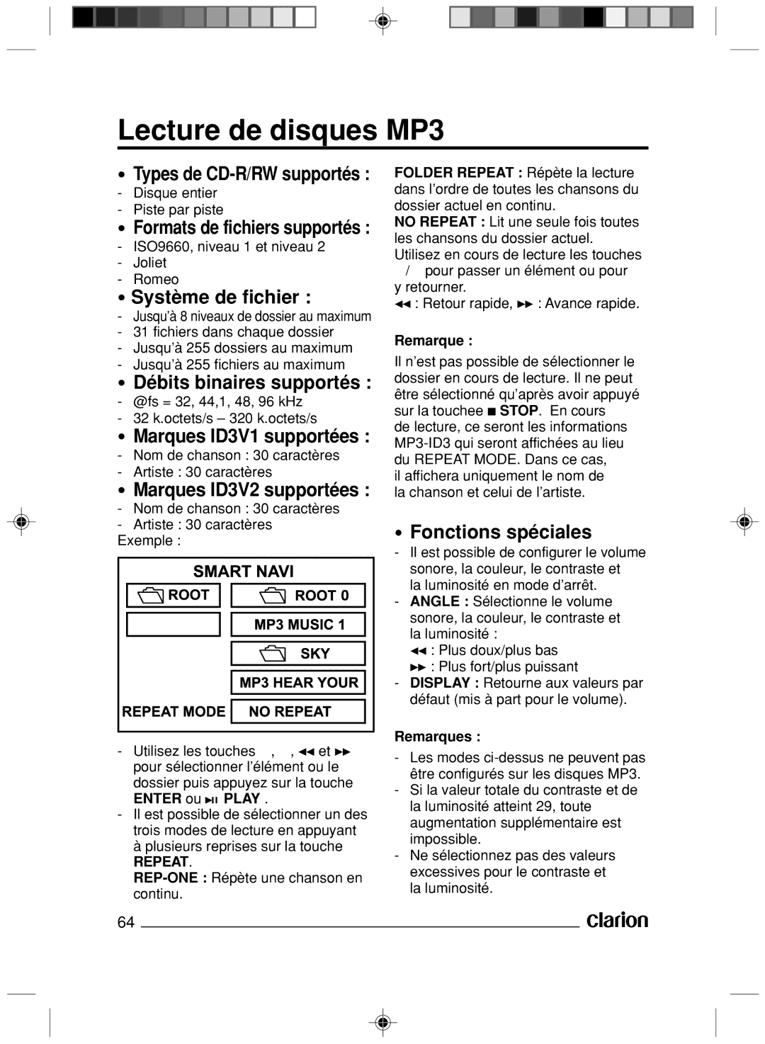 Clarion VS738 owner manual Lecture de disques MP3, Système de fichier, Fonctions spéciales, Repeat 