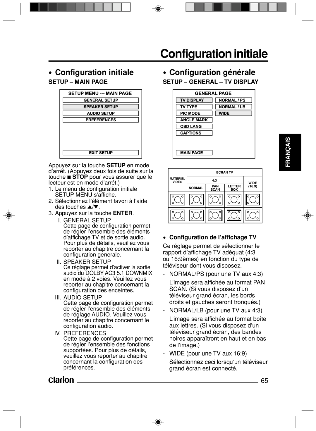 Clarion VS738 owner manual Configuration initiale Configuration générale, Setup Main Setup General TV Display 