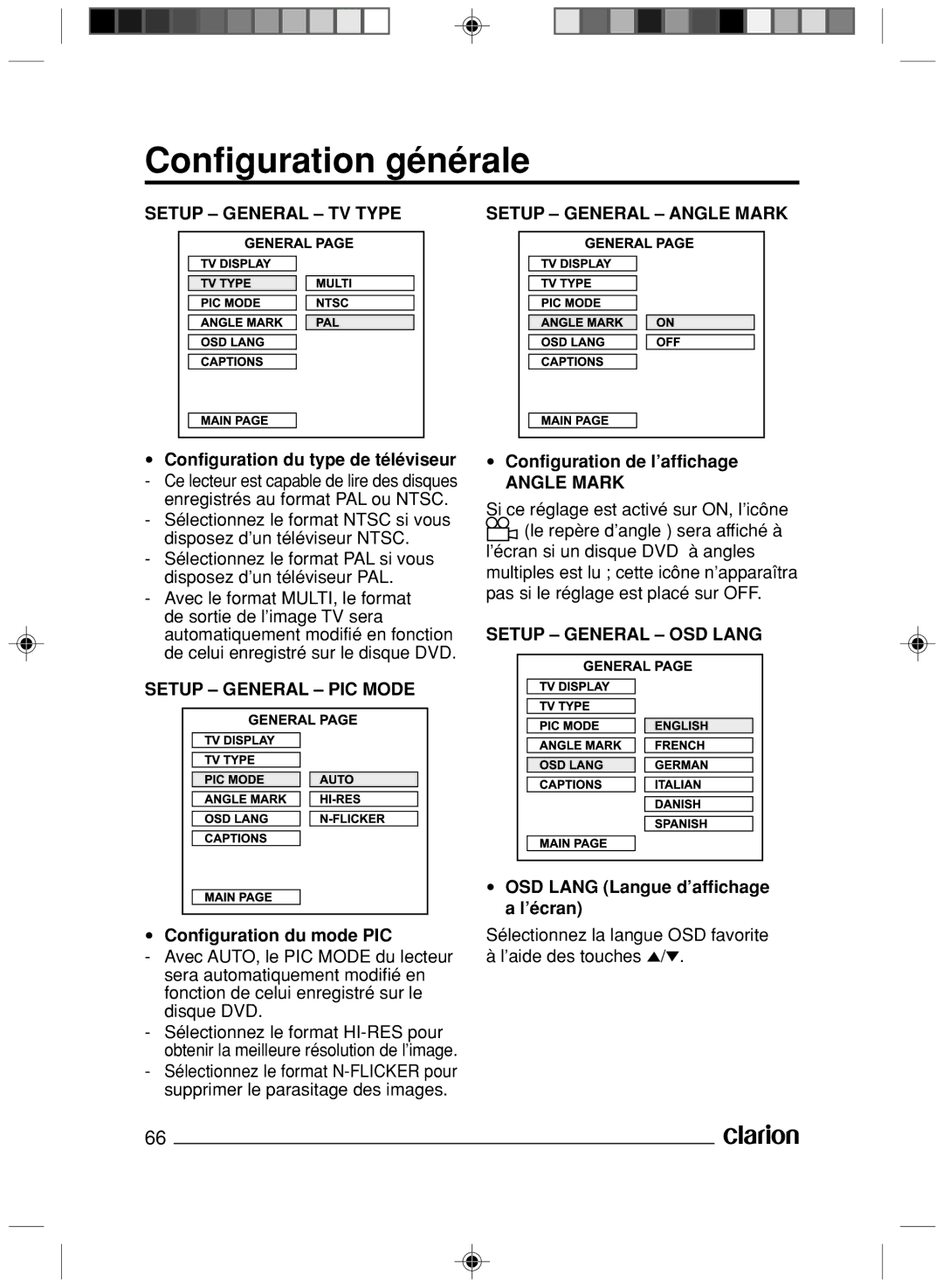 Clarion VS738 owner manual Configuration générale, Setup General TV Type, Setup General PIC Mode Setup General Angle Mark 