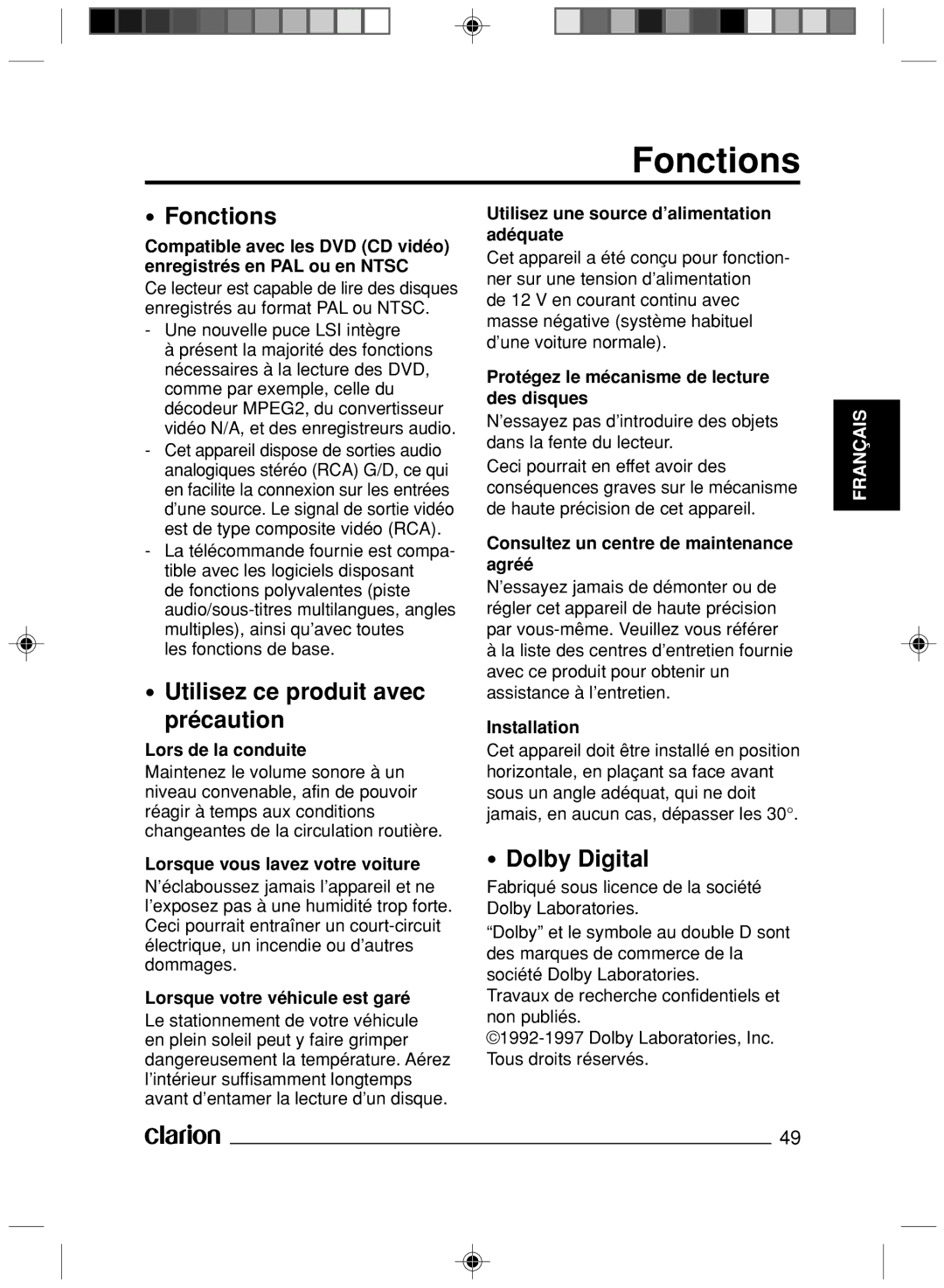 Clarion VS738 owner manual Fonctions, Utilisez ce produit avec Précaution, Dolby Digital 