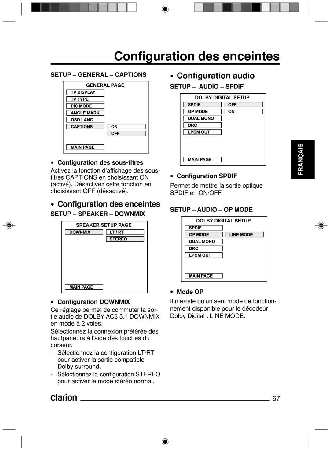 Clarion VS738 owner manual Configuration des enceintes, Configuration audio 