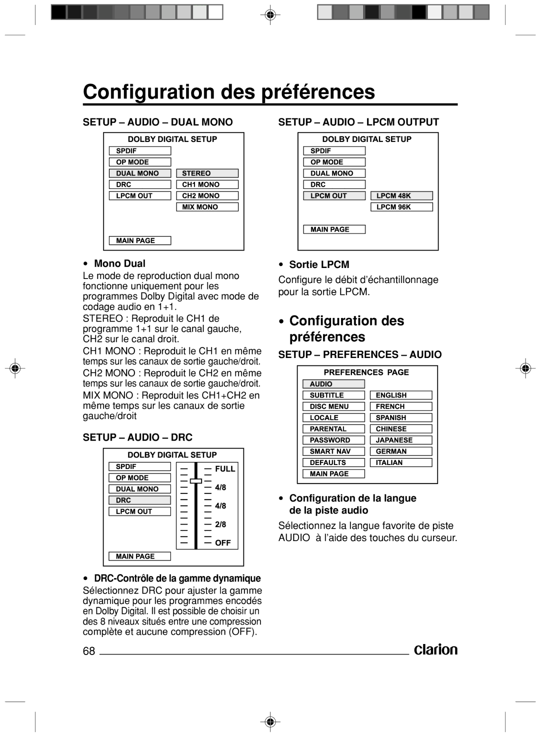 Clarion VS738 owner manual Configuration des préférences 