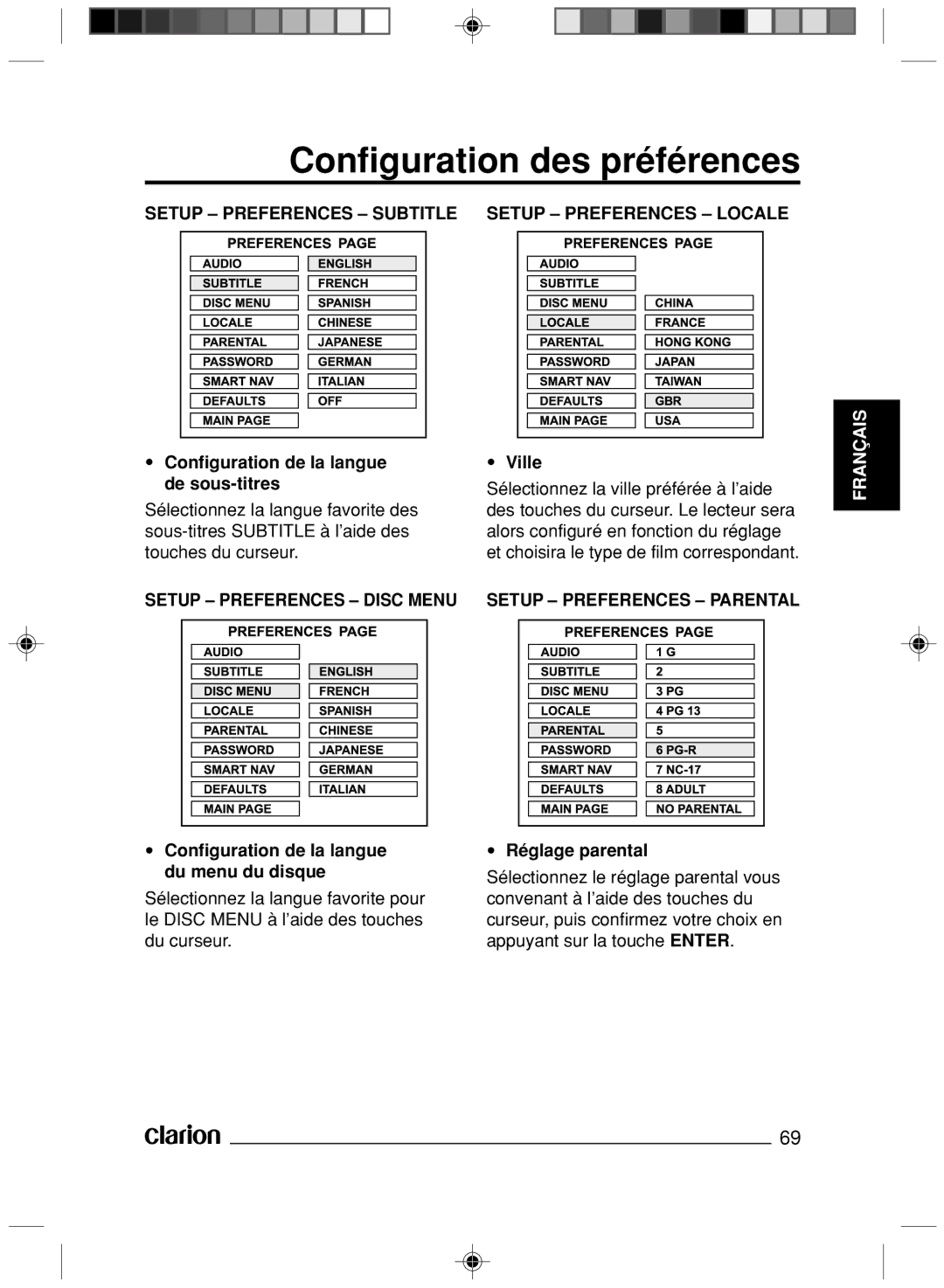 Clarion VS738 Setup Preferences Subtitle, Setup Preferences Locale, Setup Preferences Disc Menu Setup Preferences Parental 