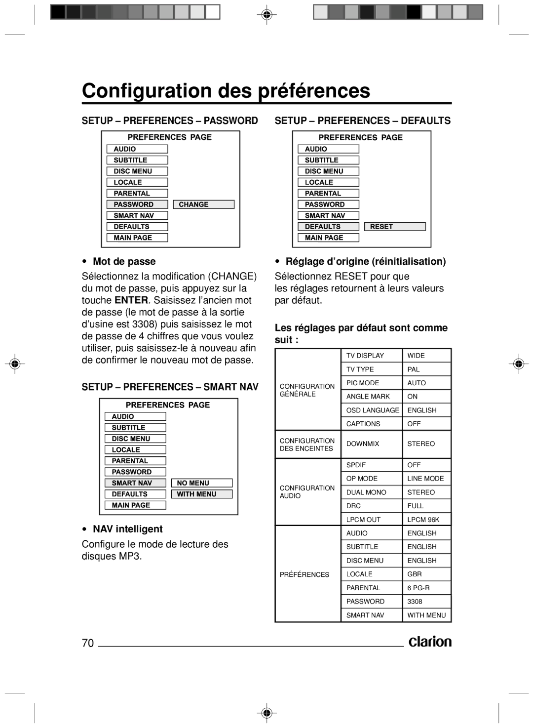 Clarion VS738 owner manual Setup Preferences Password, Setup Preferences Smart NAV, Setup Preferences Defaults 