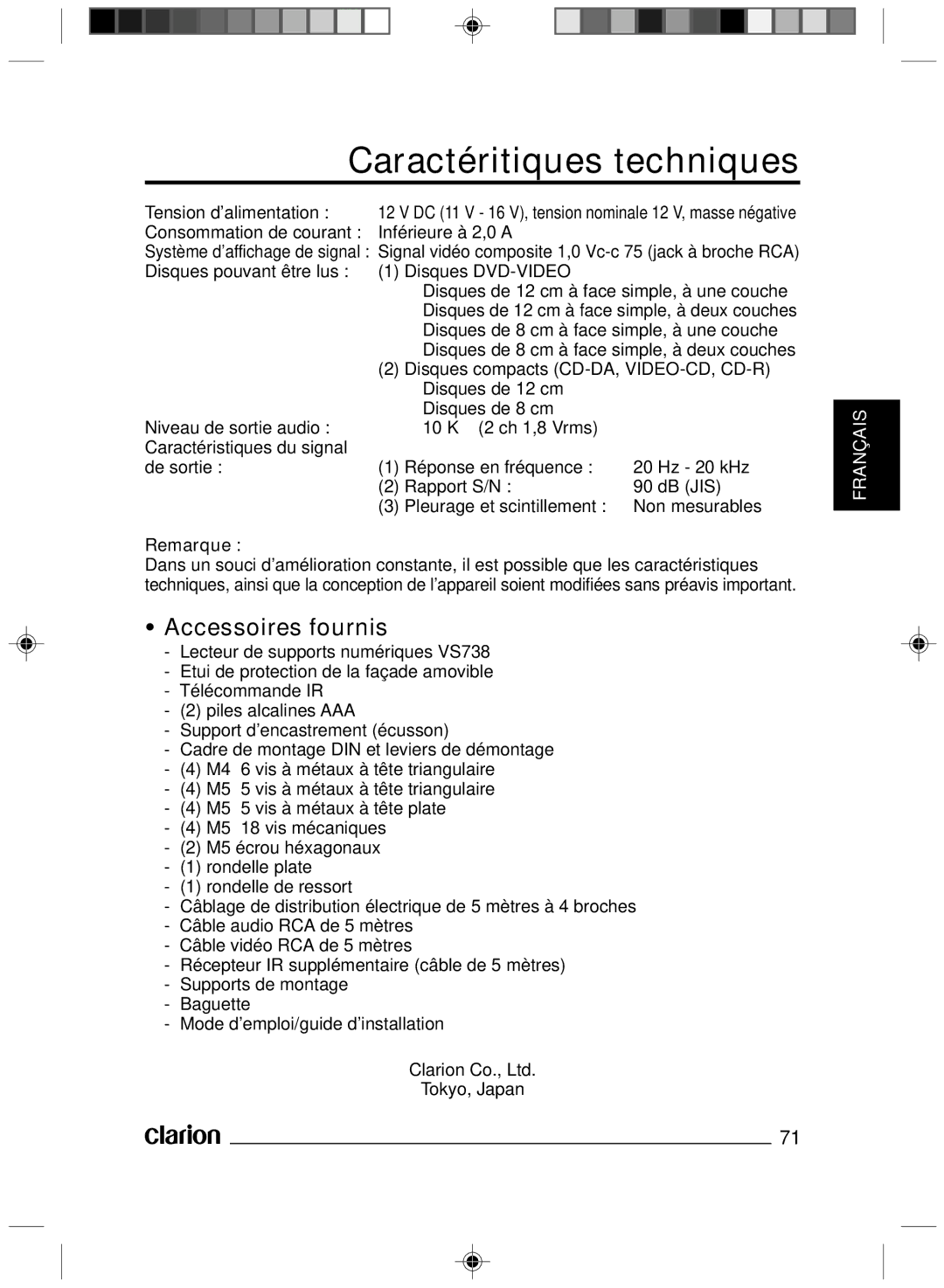 Clarion VS738 owner manual Caractéritiques techniques, Accessoires fournis, Disques de 12 cm, Disques de 8 cm 