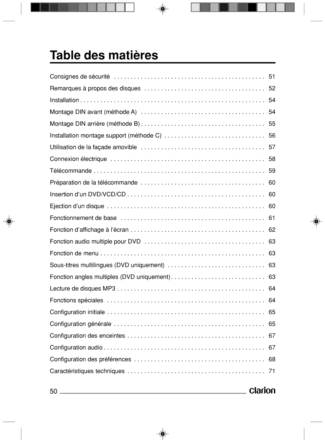 Clarion VS738 owner manual Table des matières 