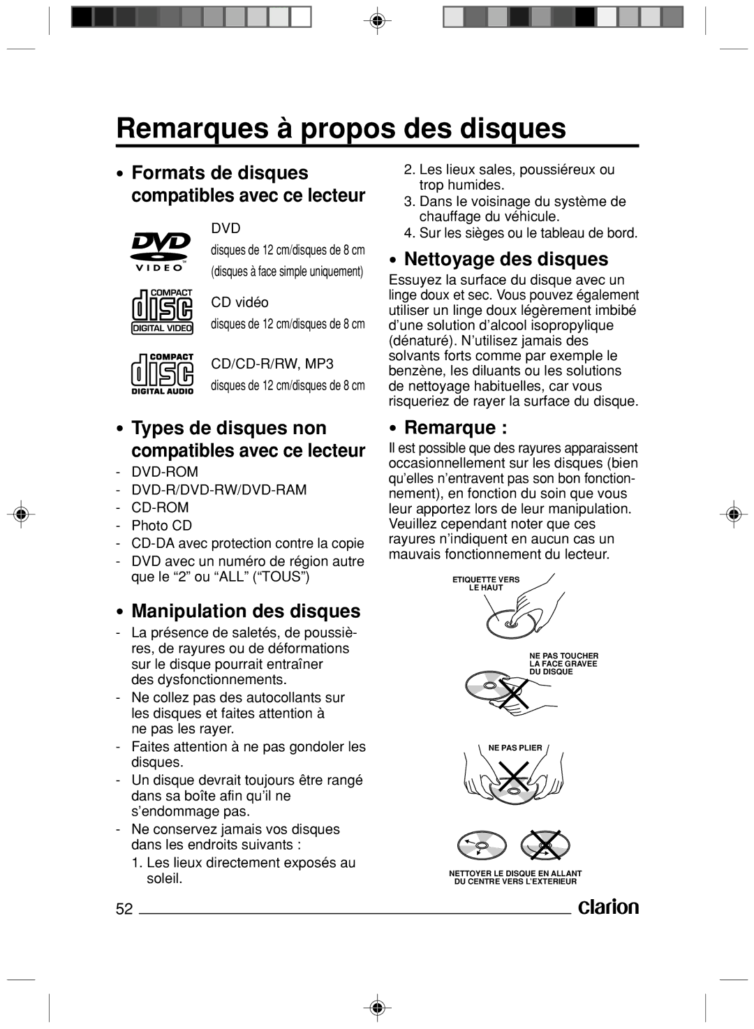 Clarion VS738 Remarques à propos des disques, Types de disques non Compatibles avec ce lecteur, Manipulation des disques 