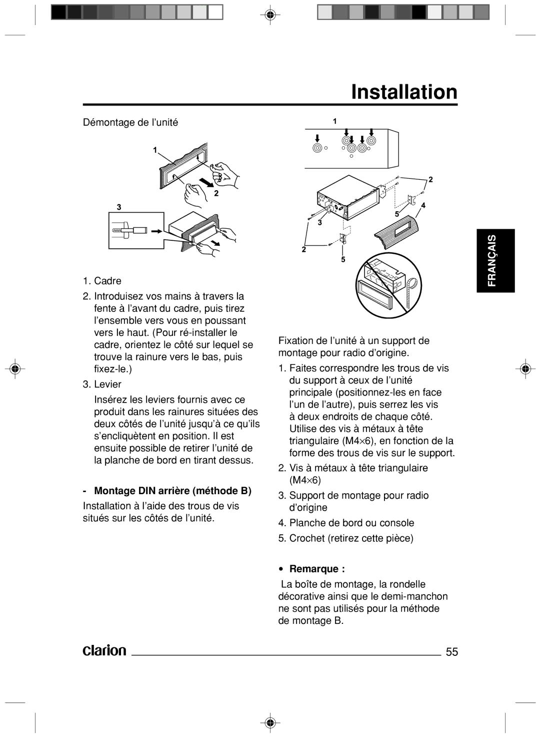 Clarion VS738 owner manual Montage DIN arrière méthode B, Remarque 